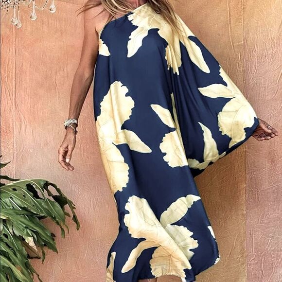 One Shoulder Asymmetrical Kaftan Long Cover Up Dress - Picture 2 of 10